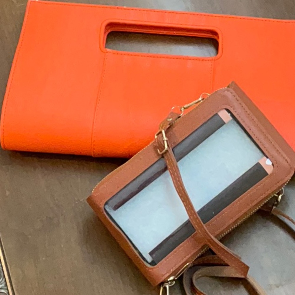 Orange Clutch and Brown Crossbody Bag